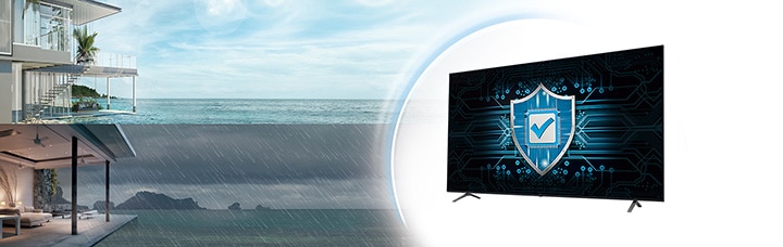 UK660H được lắp đặt hài hòa trong phòng khách sạn, và hình ảnh mặt bên được phô ra làm nổi bật thiết kế mỏng.